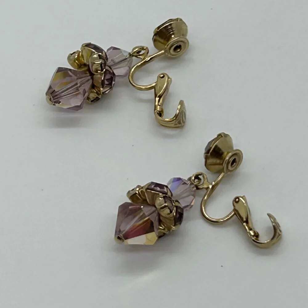 Vintage Aurora Borealis Dangle Earrings Crystal Pink Iridescent Faceted Goldtone - Picture 5 of 15